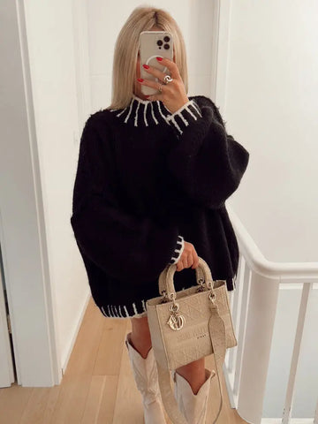 Line Patchwork Turtleneck Sweater For Women Fashion Loose Long Sleeve Knitwear Tops Autumn Winter Chic Lady Pullover